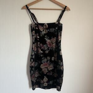 Rue 21 Y2K Black Velvet Metallic Floral Fairy Whimsygoth Bodycon Mini Dress S